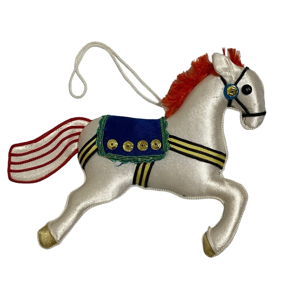 Vintage White Horse Satin Plush Embellished Christmas Ornament